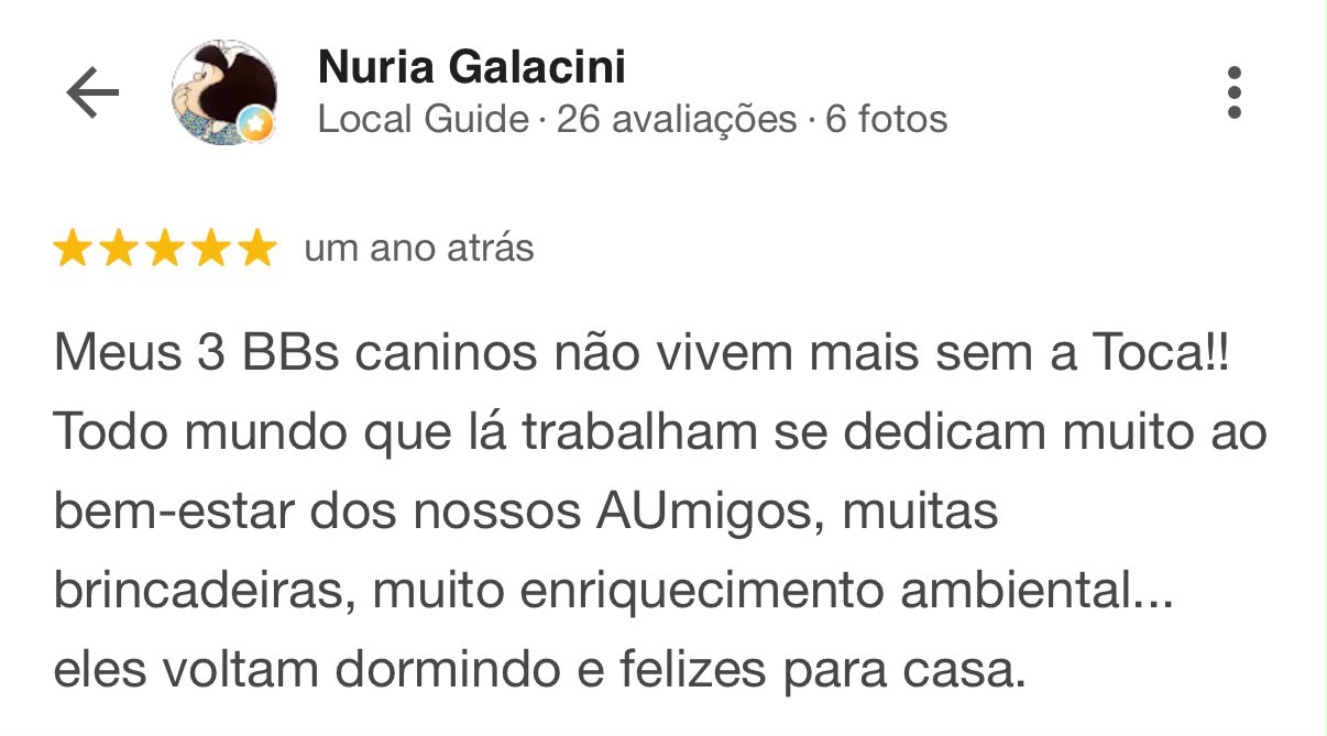 Avaliação 5 estrelas de Nuria Galacini sobre a TOCA no Google