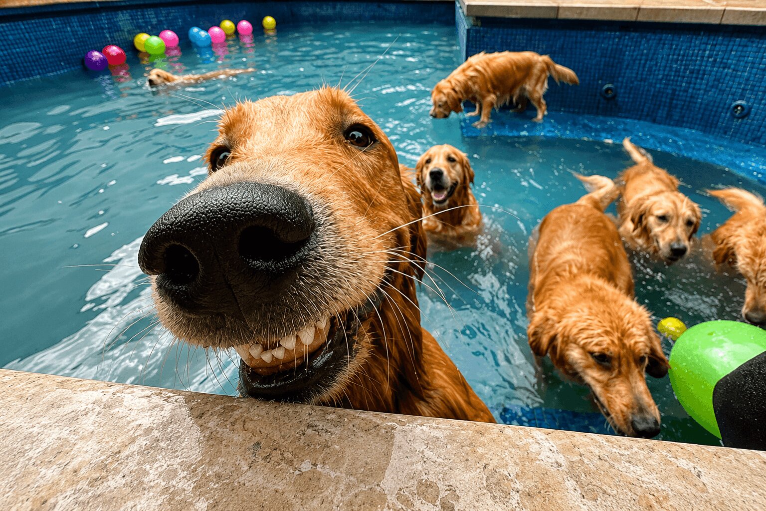 Cães se divertindo na piscina da creche da TOCA em Goiânia